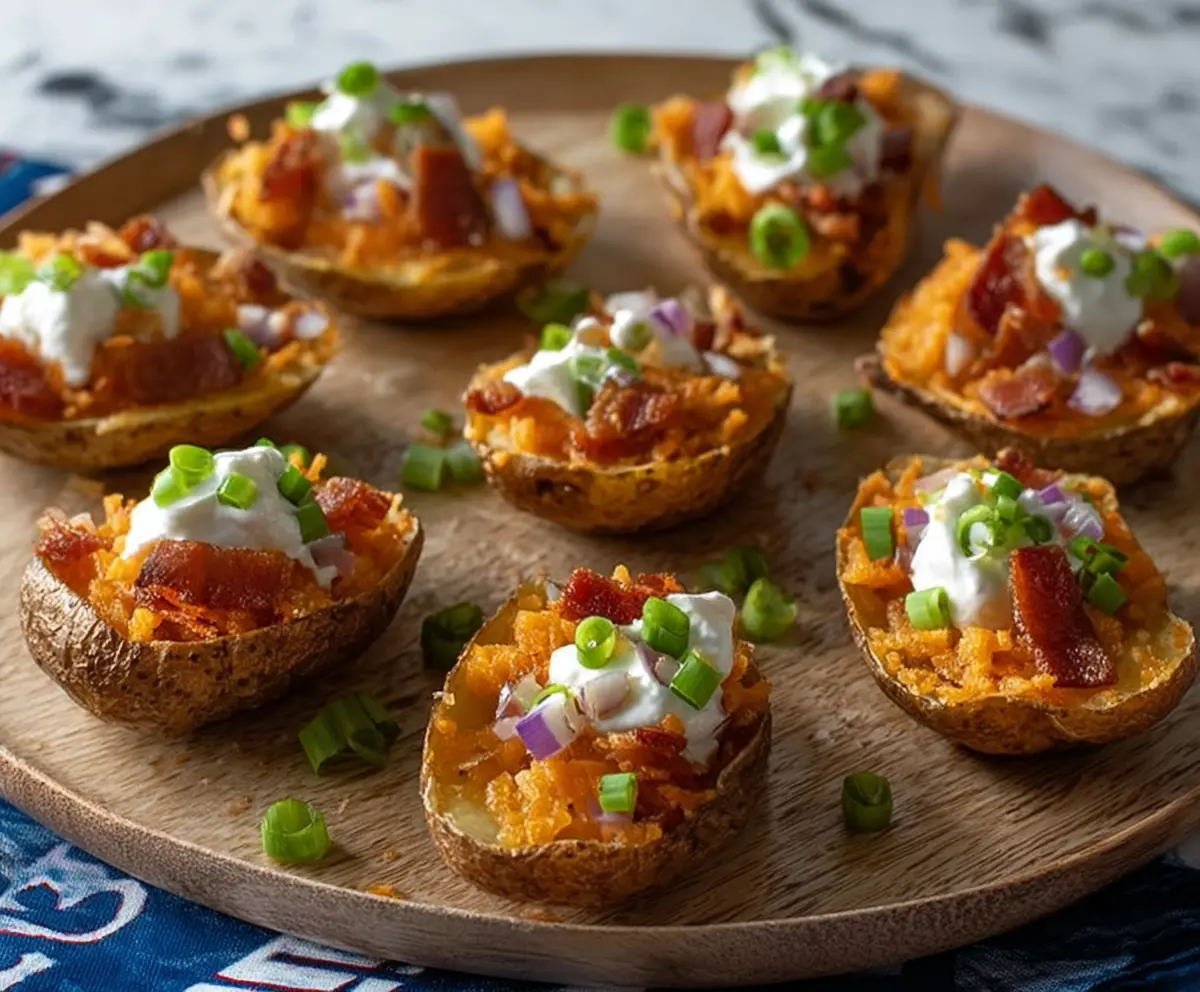 Crispy potato skin bites stuffed with cheese and herbs, served as a delicious appetizer.
