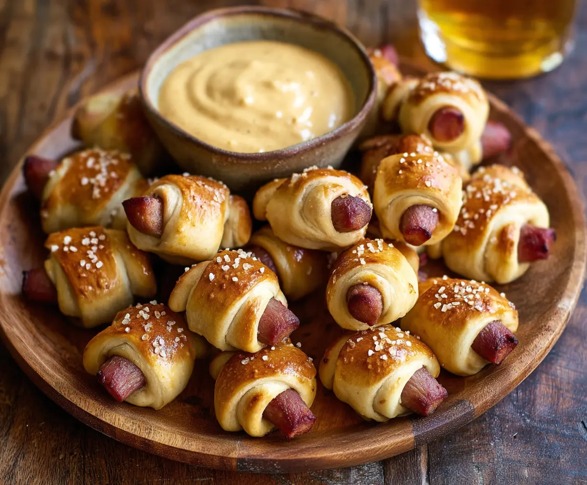 Delicious pretzel pigs in a blanket served with creamy beer cheese dip for a savory appetizer.