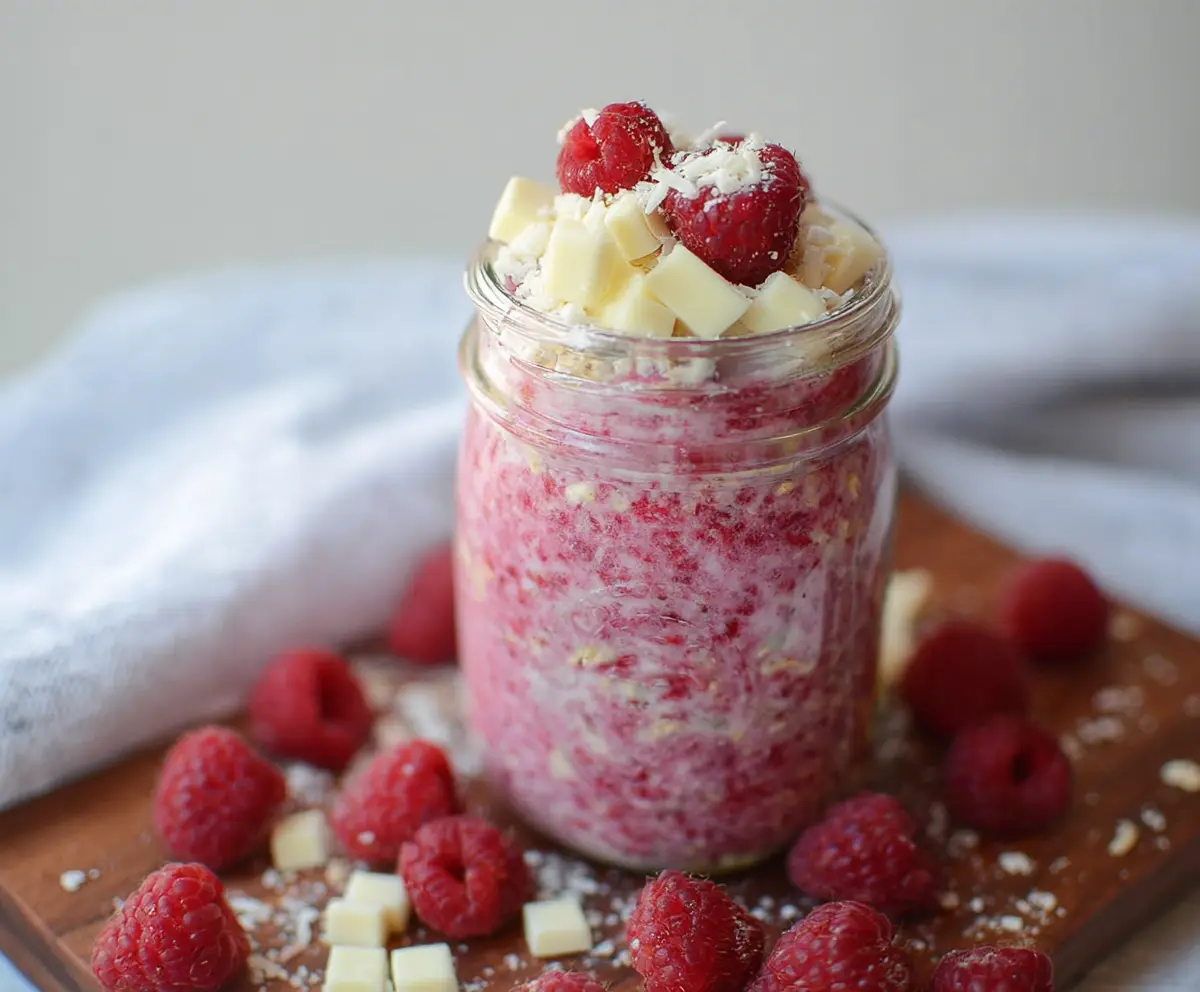 Creamy Raspberry White Chocolate Overnight Oats in a glass jar topped with fresh raspberries and white chocolate shavings