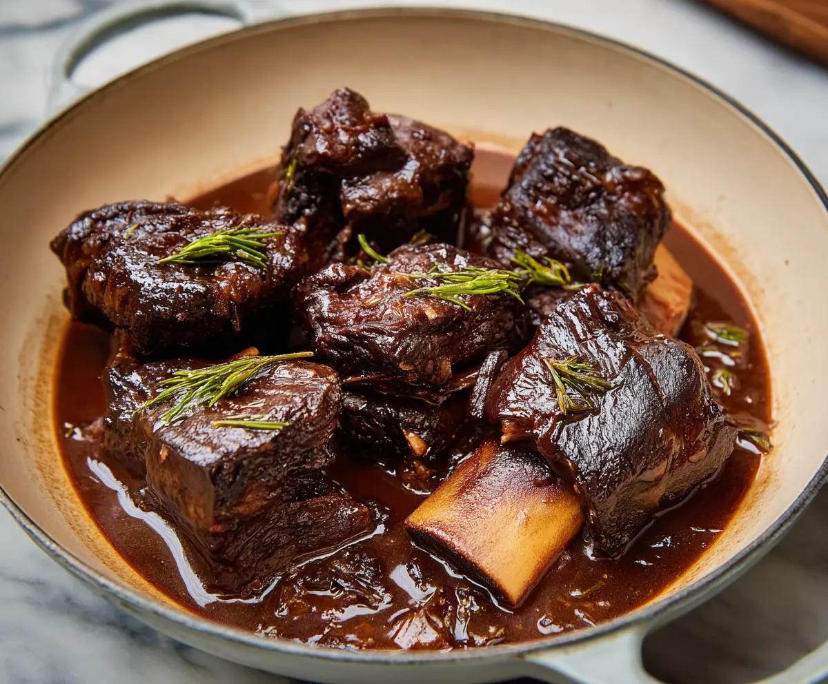 Delicious red wine braised short ribs served with vegetables on a rustic plate.