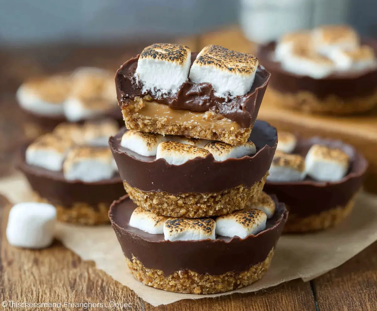 Delicious homemade S'mores Peanut Butter Cups with melted chocolate and marshmallows.