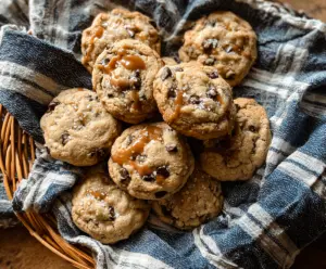 Delicious salted caramel sourdough discard cookies, showcasing gooey caramel and crispy edges.