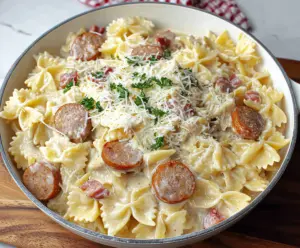 Delicious Sausage Alfredo Pasta served in a white bowl, garnished with parsley for a flavorful meal.