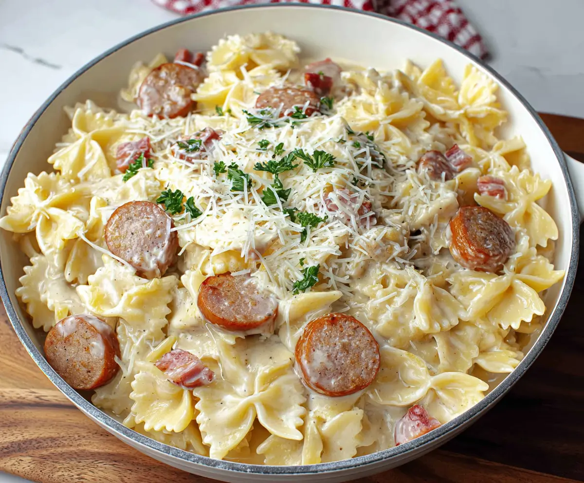 Delicious Sausage Alfredo Pasta served in a white bowl, garnished with parsley for a flavorful meal.
