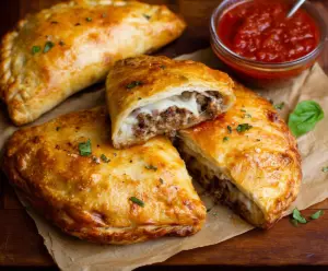 Delicious sausage calzones with melted cheese and golden crust, perfect for a savory snack.