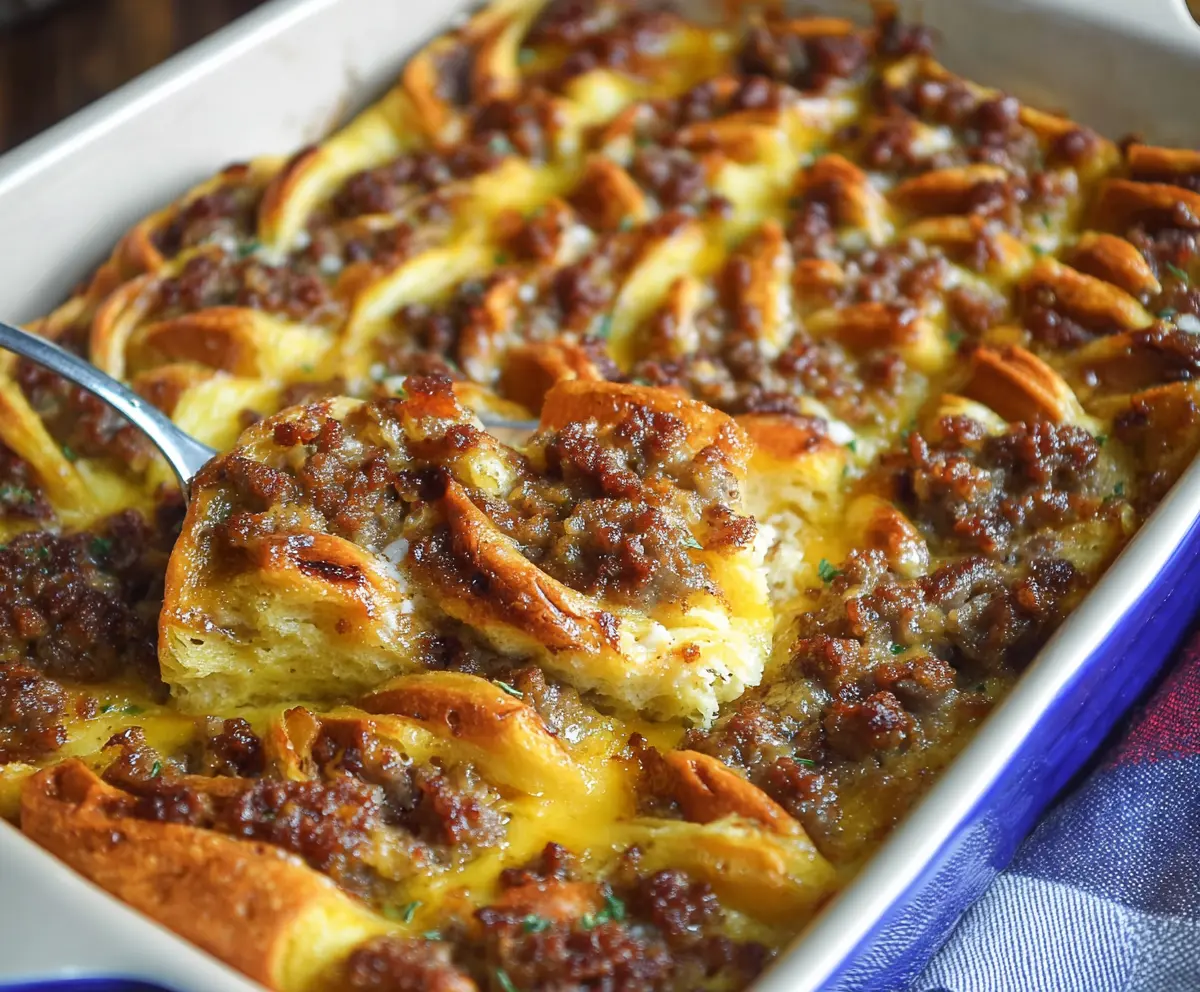 Delicious sausage and pancake breakfast casserole layered with cheese and fresh herbs.