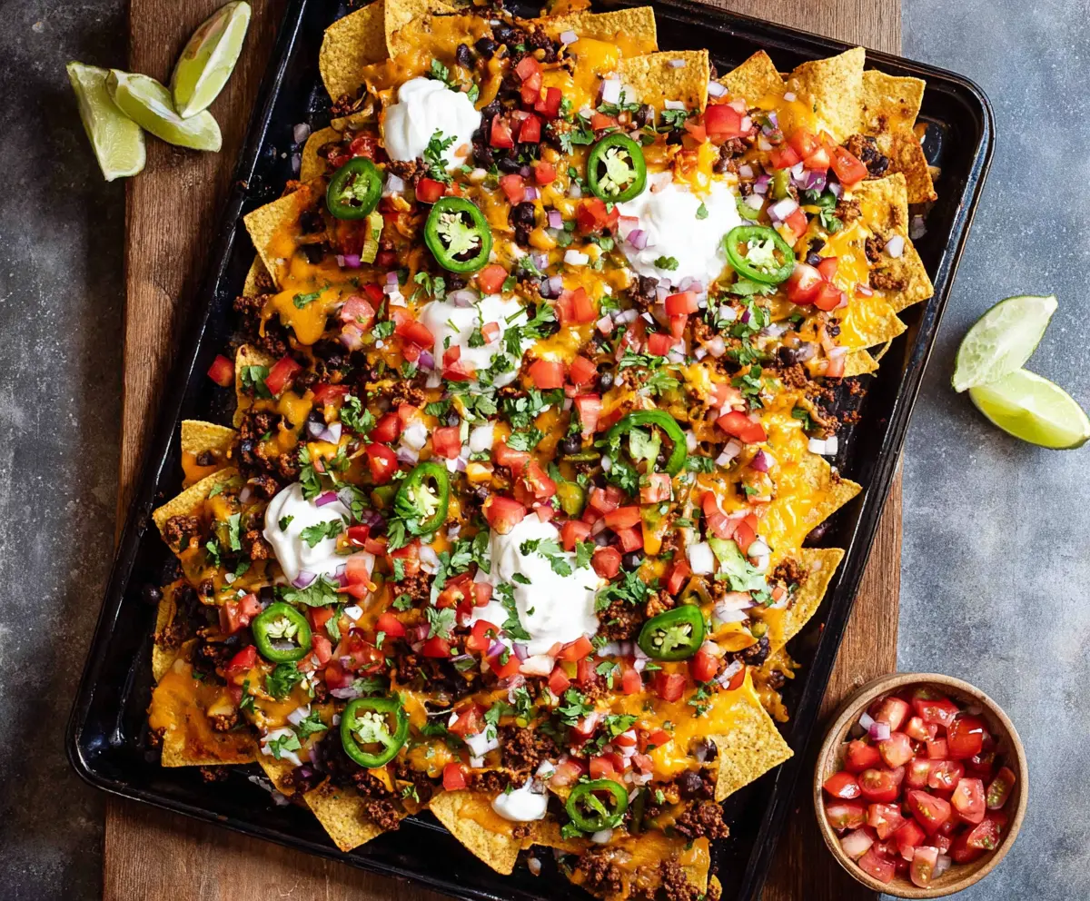 Delicious sheet pan nachos topped with cheese, jalapenos, and melted cheese, perfect for sharing.