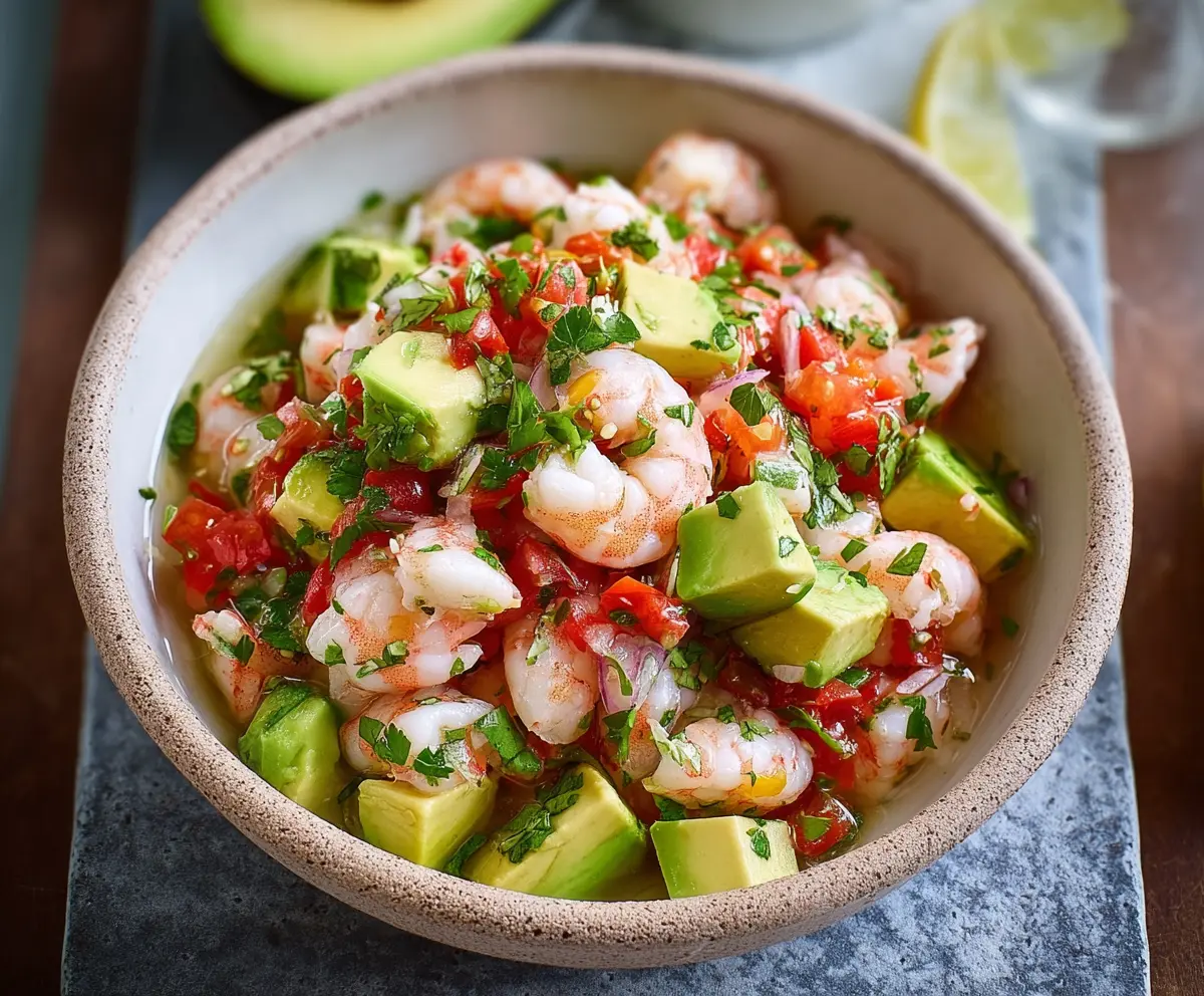 Fresh shrimp ceviche with diced avocado and citrus on a white plate ready to serve.