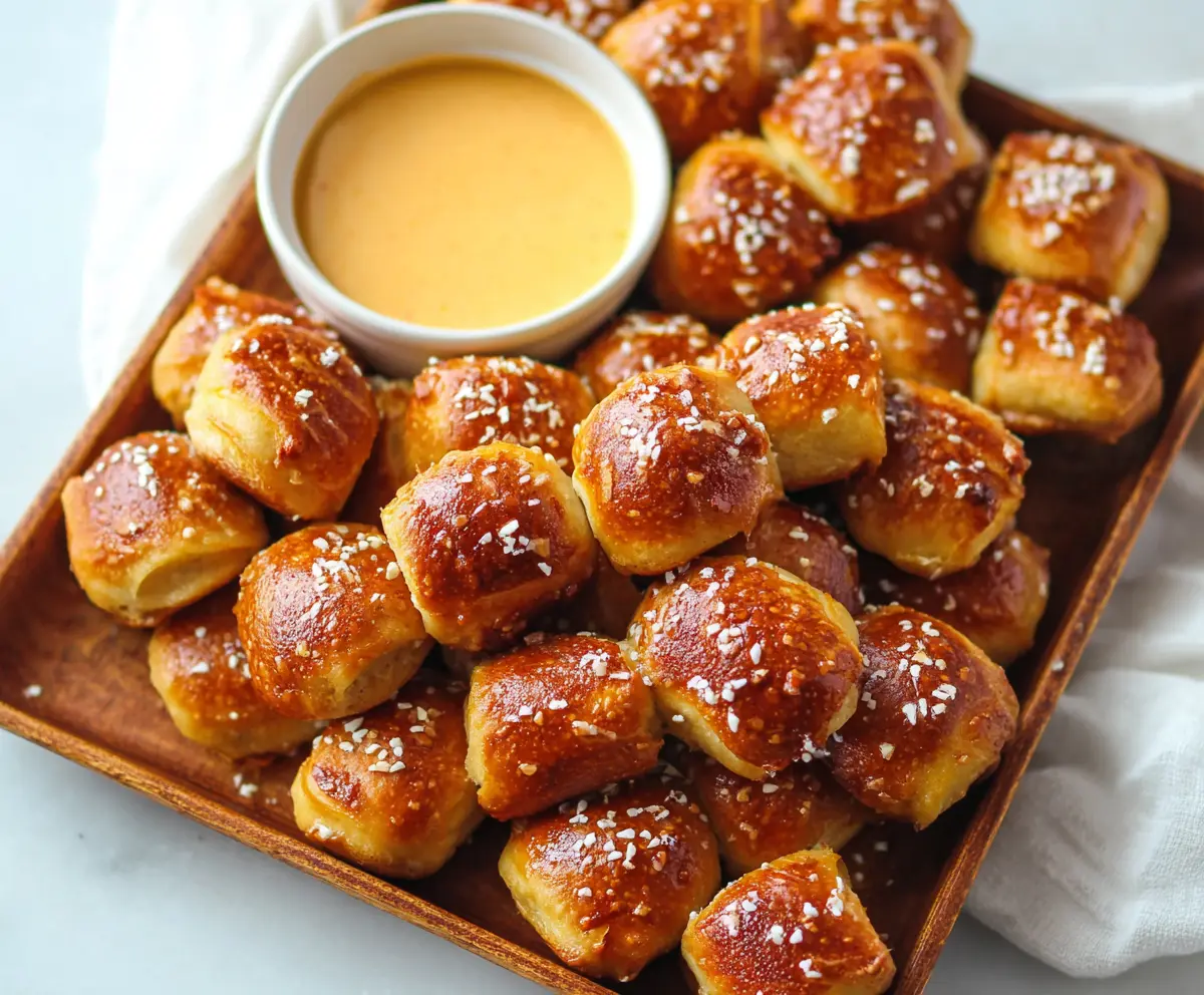 Golden soft pretzel bites served with a side of cheese sauce, perfect for snacking.