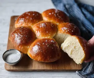 Fresh sourdough brioche bread rolls on a wooden baking tray, golden and fluffy, perfect for breakfast or snacks