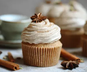 Delicious Sourdough Chai Cupcakes topped with spices and icing, perfect for dessert lovers.