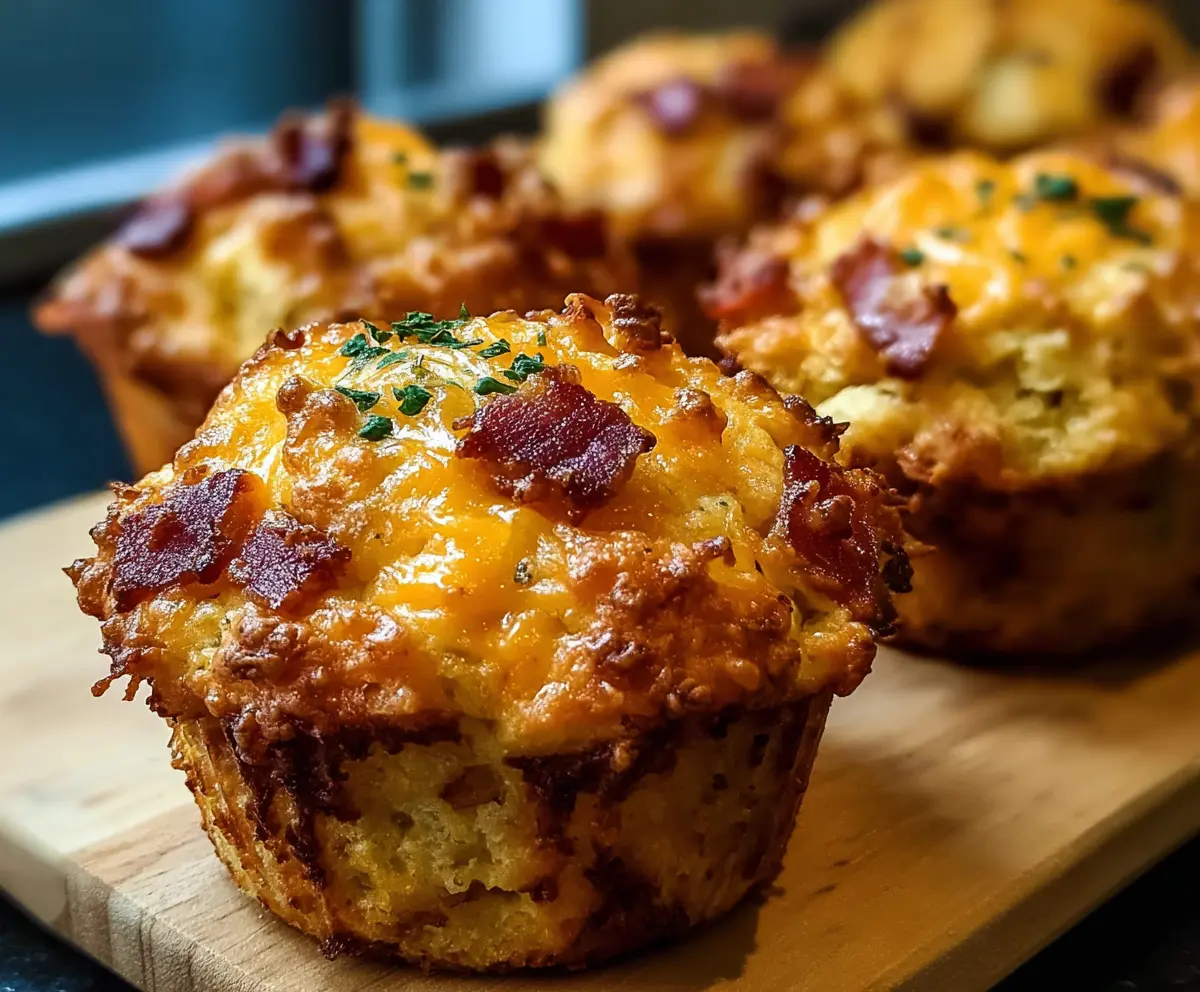 Delicious sourdough discard bacon and cheddar breakfast muffins on a plate, perfect for a homemade breakfast.