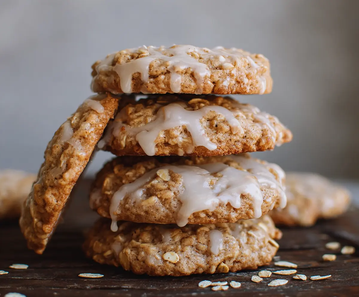 Delicious sourdough discard glazed oatmeal cookies on a plate, showcasing golden-brown and glazed surface.