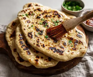 Homemade sourdough discard naan bread served on a rustic plate, showcasing its golden, fluffy texture.
