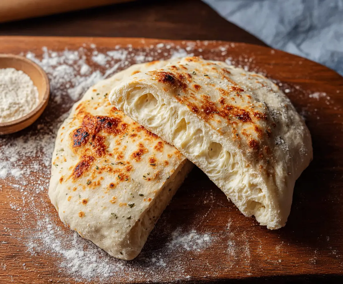 Homemade sourdough discard pizza dough ready for baking on a rustic wooden surface.