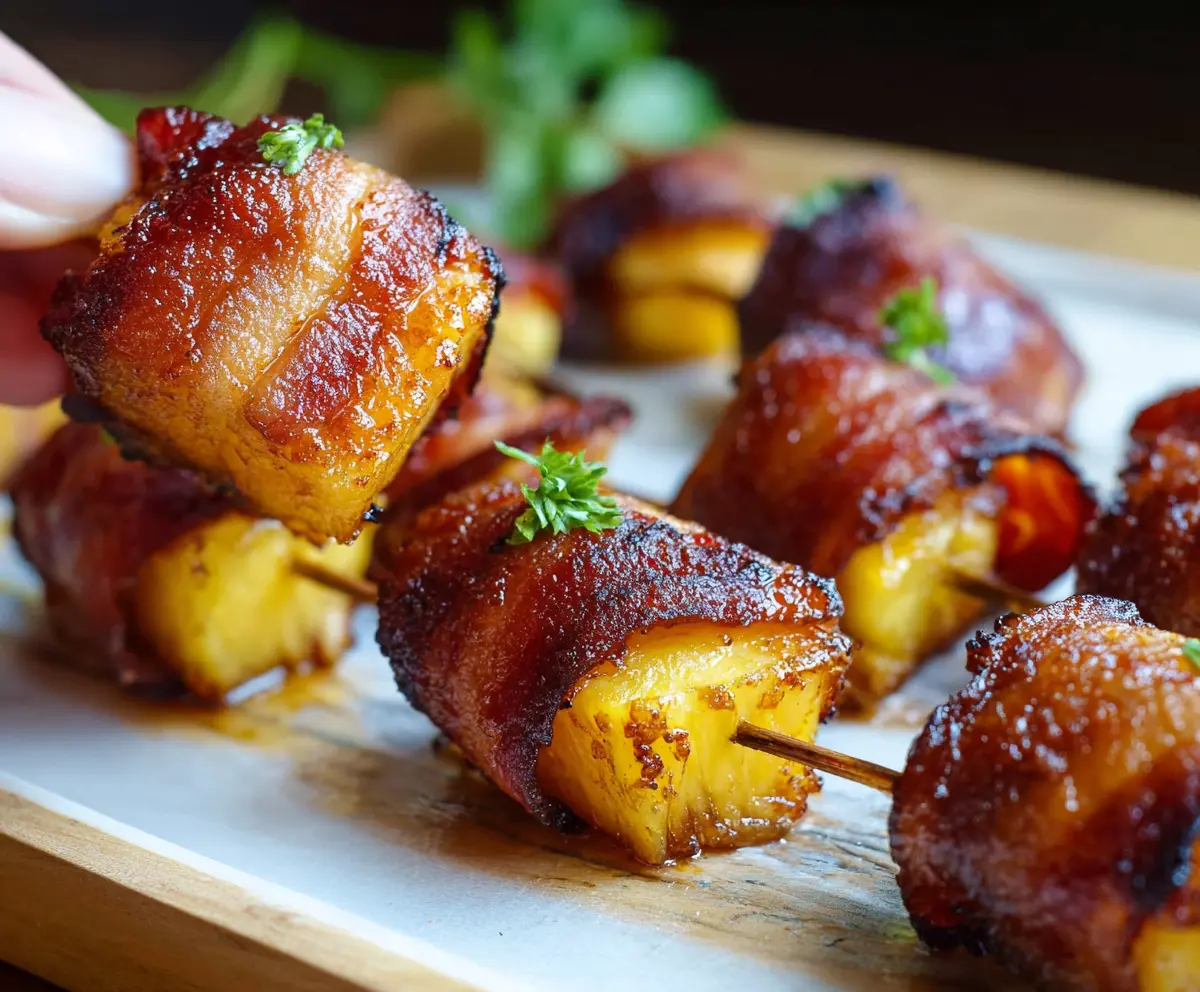 Delicious spicy brown sugar bacon wrapped pineapple bites on a platter