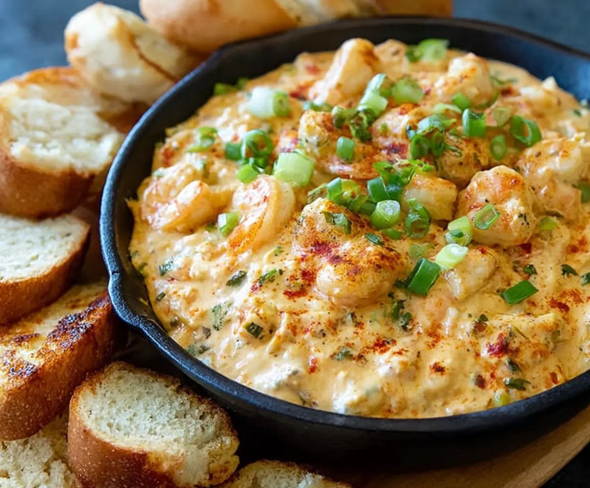 Delicious spicy Louisiana shrimp dip served in a bowl with fresh herbs for a flavorful appetizer.