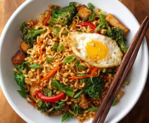 Delicious stir fry ramen noodles with vegetables and savory sauce on a dinner plate