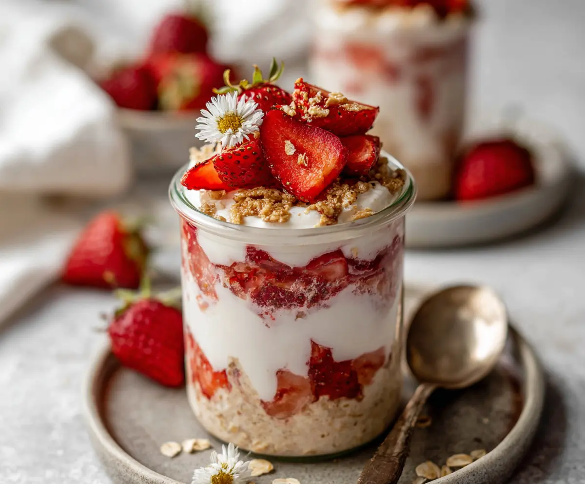 Creamy strawberry cheesecake overnight oats topped with fresh strawberries and a drizzle of honey.