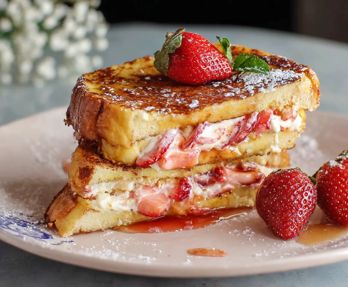 Delicious strawberry French toast topped with fresh strawberries and powdered sugar, perfect for breakfast.