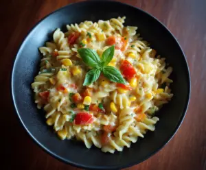 Delicious sweet corn pasta served with fresh herbs on a rustic plate