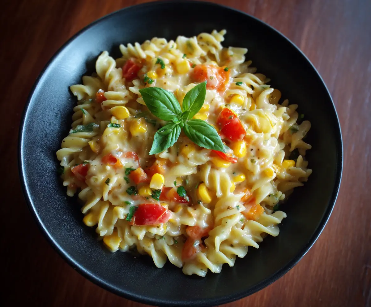 Delicious sweet corn pasta served with fresh herbs on a rustic plate