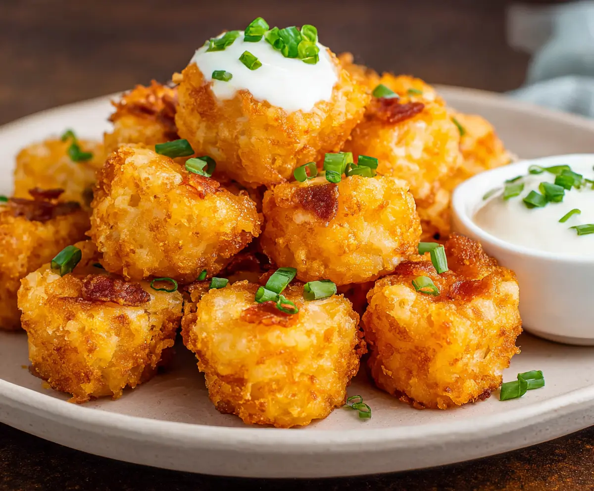 Golden crispy Tater Tot Bites served with dipping sauce, perfect for snacks or parties.