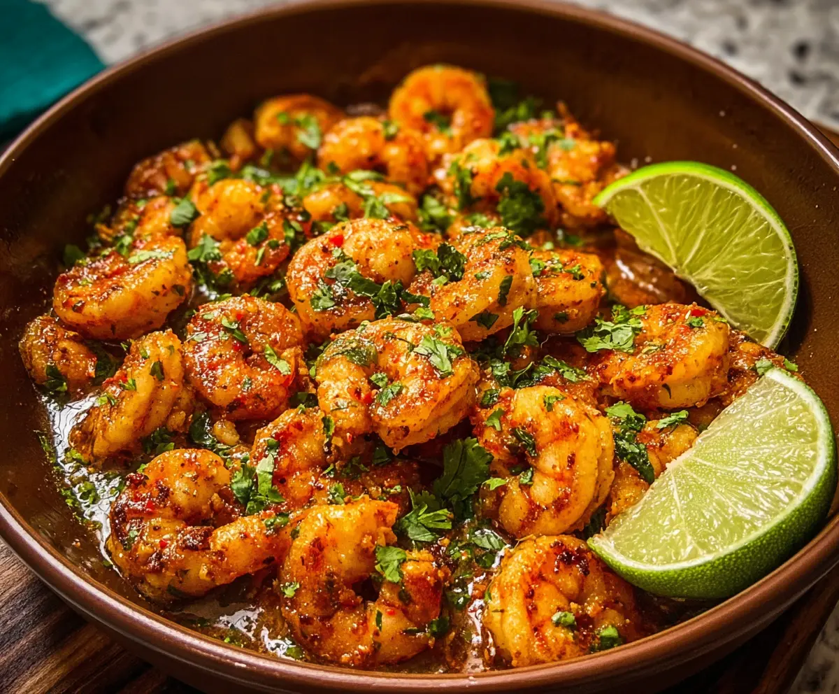 Juicy tequila lime shrimp garnished with fresh herbs on a plate, ready to serve.