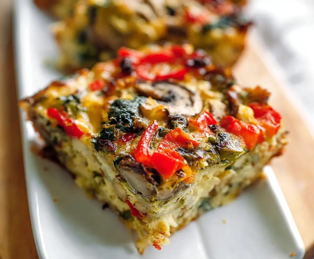 Delicious veggie-packed breakfast casserole with colorful vegetables and melted cheese.