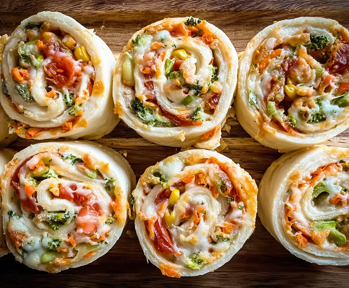 Delicious veggie pizza pinwheels with colorful vegetables and crispy crust.