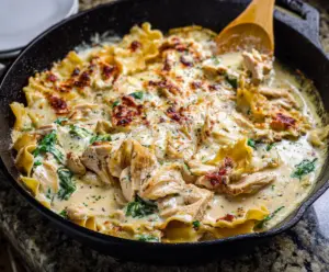 Creamy white chicken skillet lasagna in a skillet, topped with melted cheese and fresh herbs.