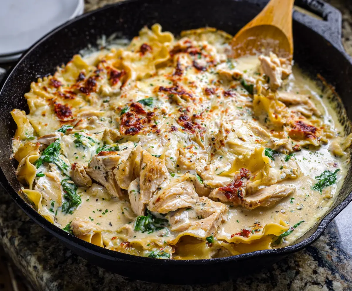 Creamy white chicken skillet lasagna in a skillet, topped with melted cheese and fresh herbs.