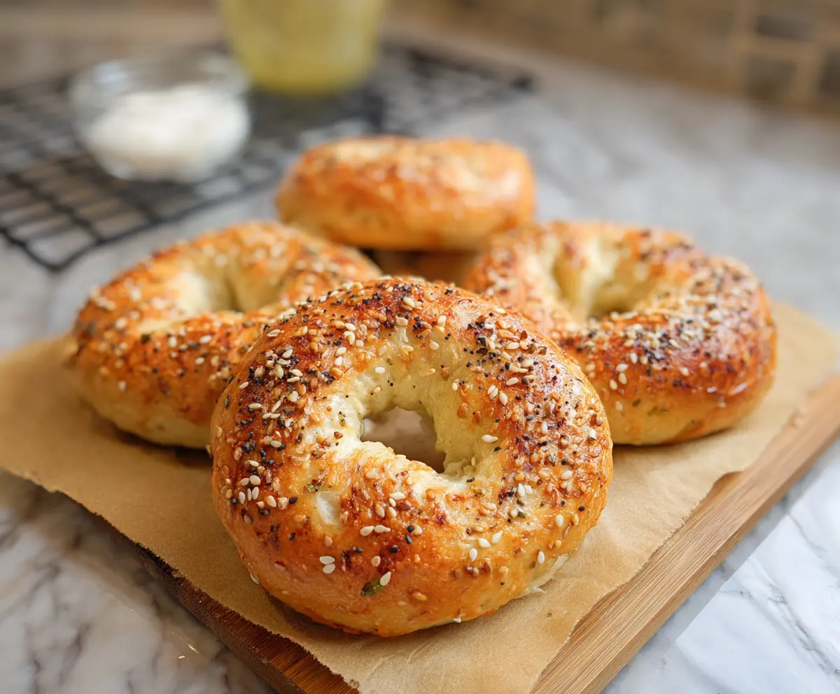 Delicious 3-ingredient Greek yogurt bagels on a white plate, perfect for a healthy breakfast.