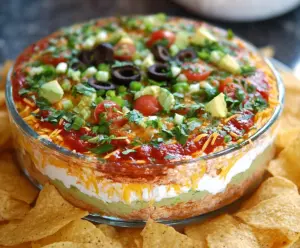 Delicious 5 layer dip with colorful toppings, perfect for parties and gatherings.
