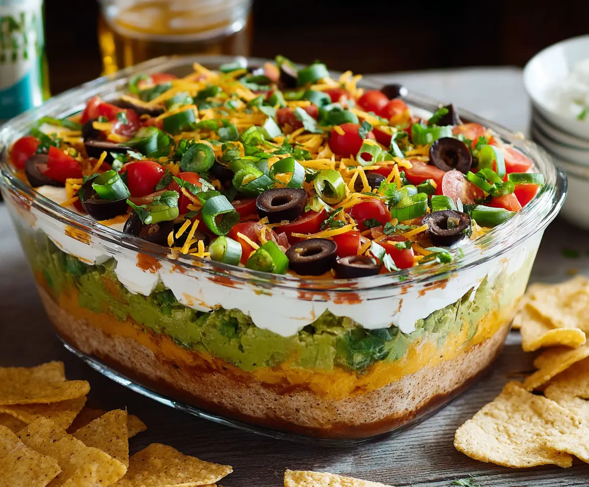 Delicious 7 Layer Dip with shredded cheese, guacamole, sour cream, and fresh vegetables served in a clear bowl.