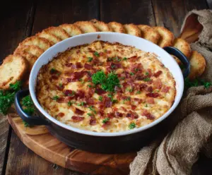 Creamy bacon and Gouda dip with smoked cheese served with fresh vegetables.