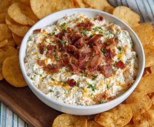 Creamy Bacon Cheddar Ranch Dip in a bowl, topped with crispy bacon bits and shredded cheddar cheese