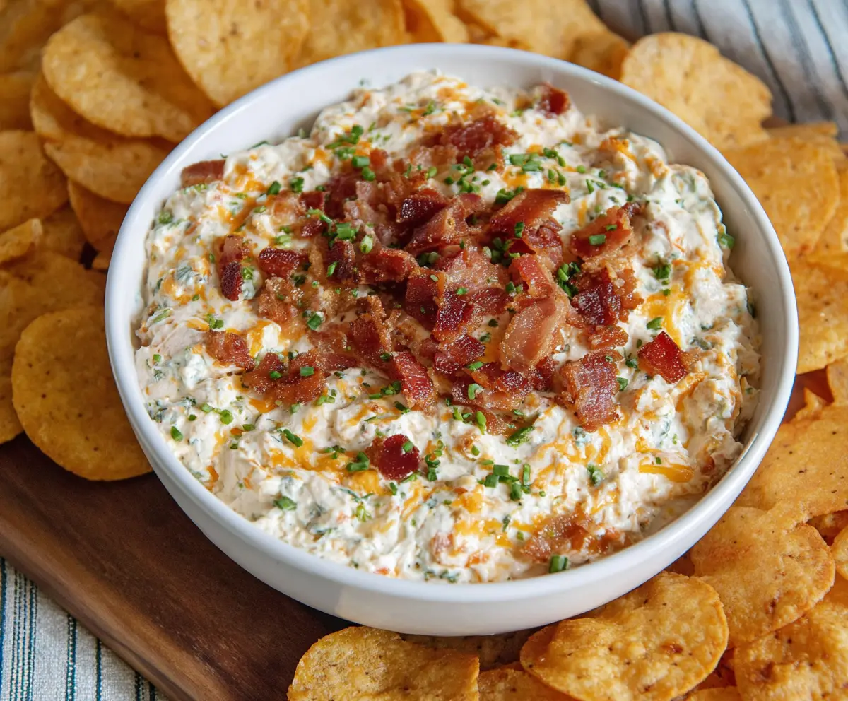 Creamy Bacon Cheddar Ranch Dip in a bowl, topped with crispy bacon bits and shredded cheddar cheese