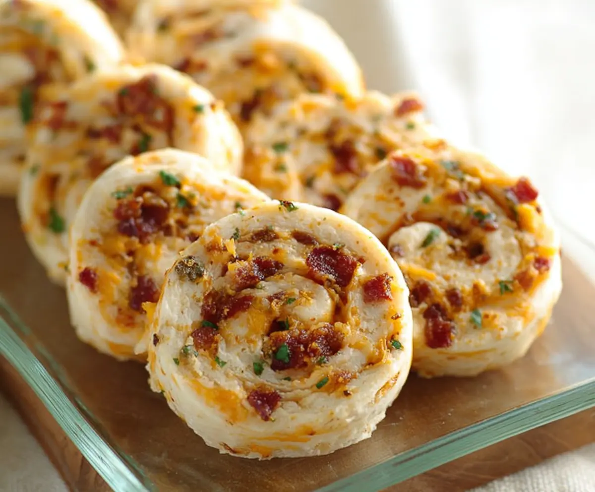 Delicious Bacon Cheddar Ranch Pinwheels sliced on a wooden board, showcasing crispy bacon, melted cheddar cheese, and creamy ranch filling.