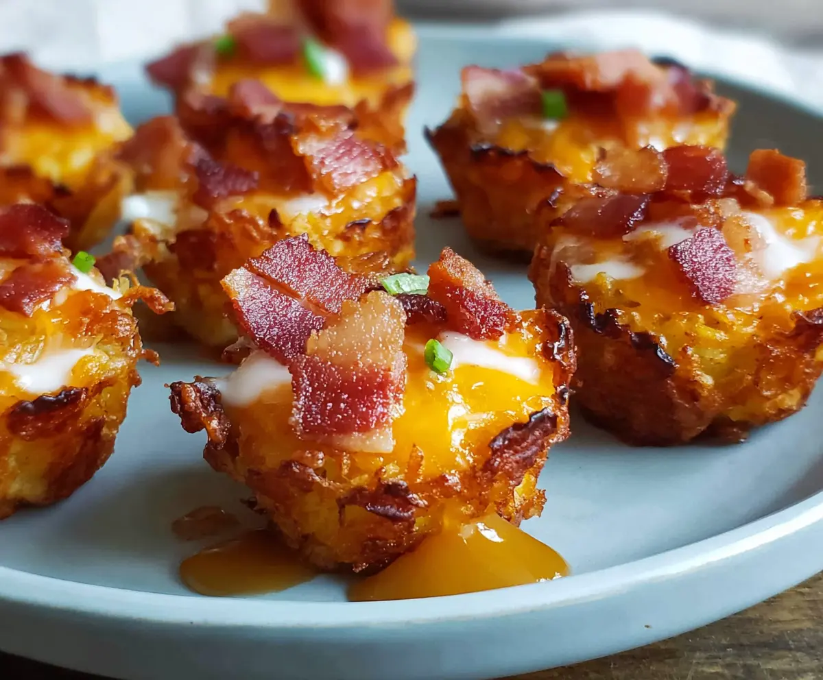 Savory bacon-topped tater tot cups baked to perfection, perfect for snacks or appetizer platters.