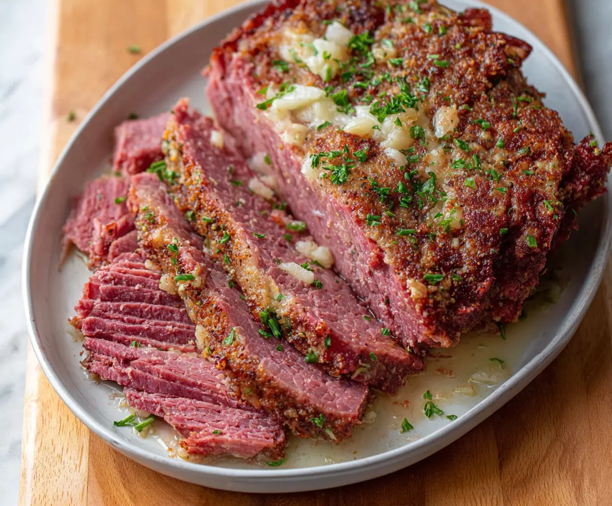 Delicious baked corned beef served with vegetables on a rustic plate