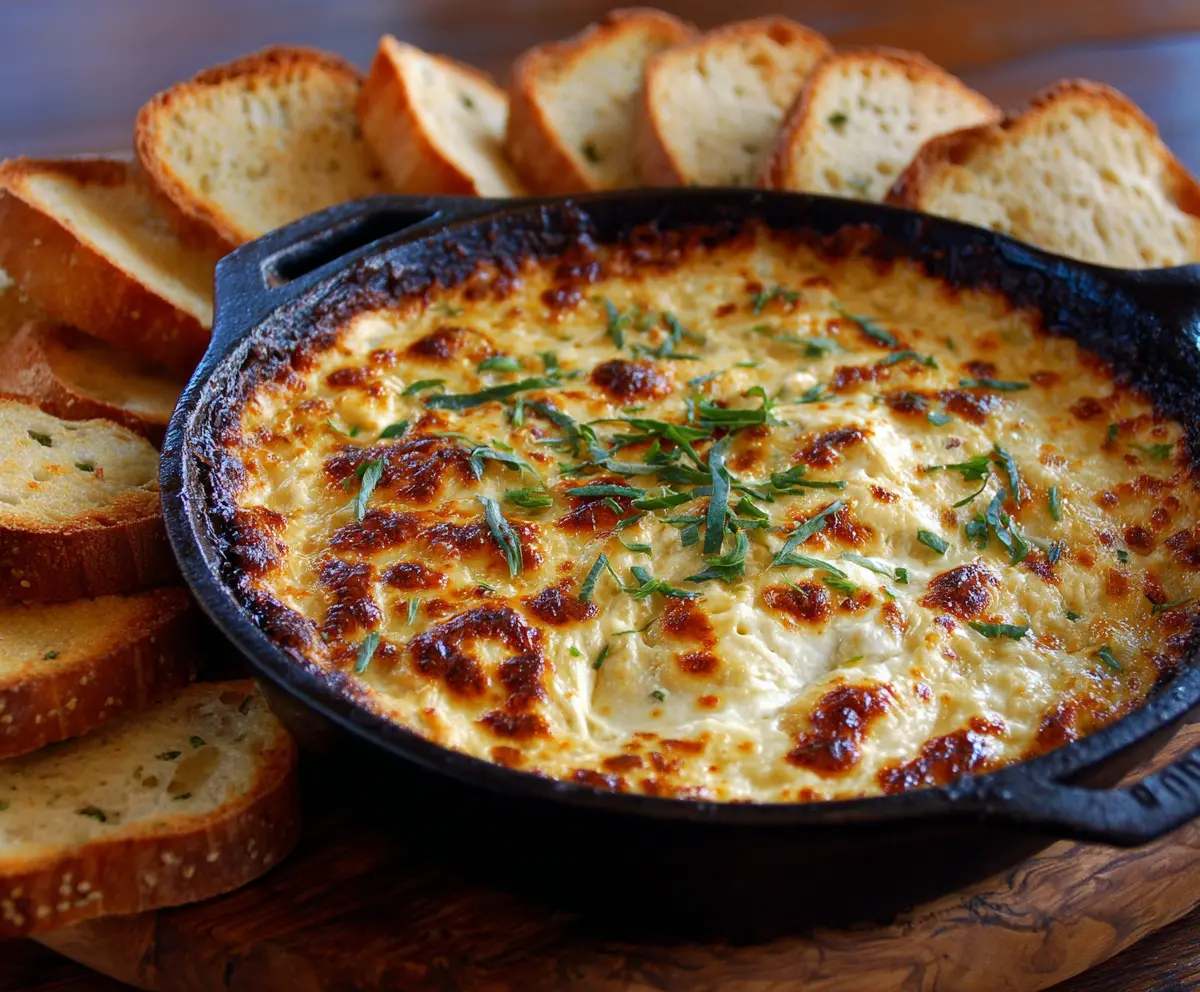 Delicious baked double cheese and sweet onion dip in a serving bowl, perfect for snacks and parties.
