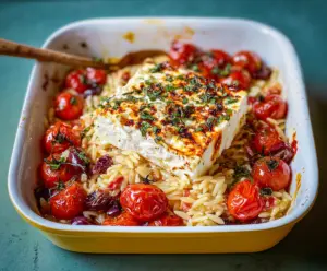 Delicious baked feta orzo pasta dish garnished with fresh herbs and cherry tomatoes.