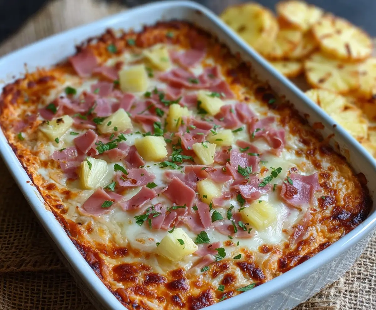 Delicious baked Hawaiian pizza dip with melted cheese, ham, pineapple, and herbs ready to serve.