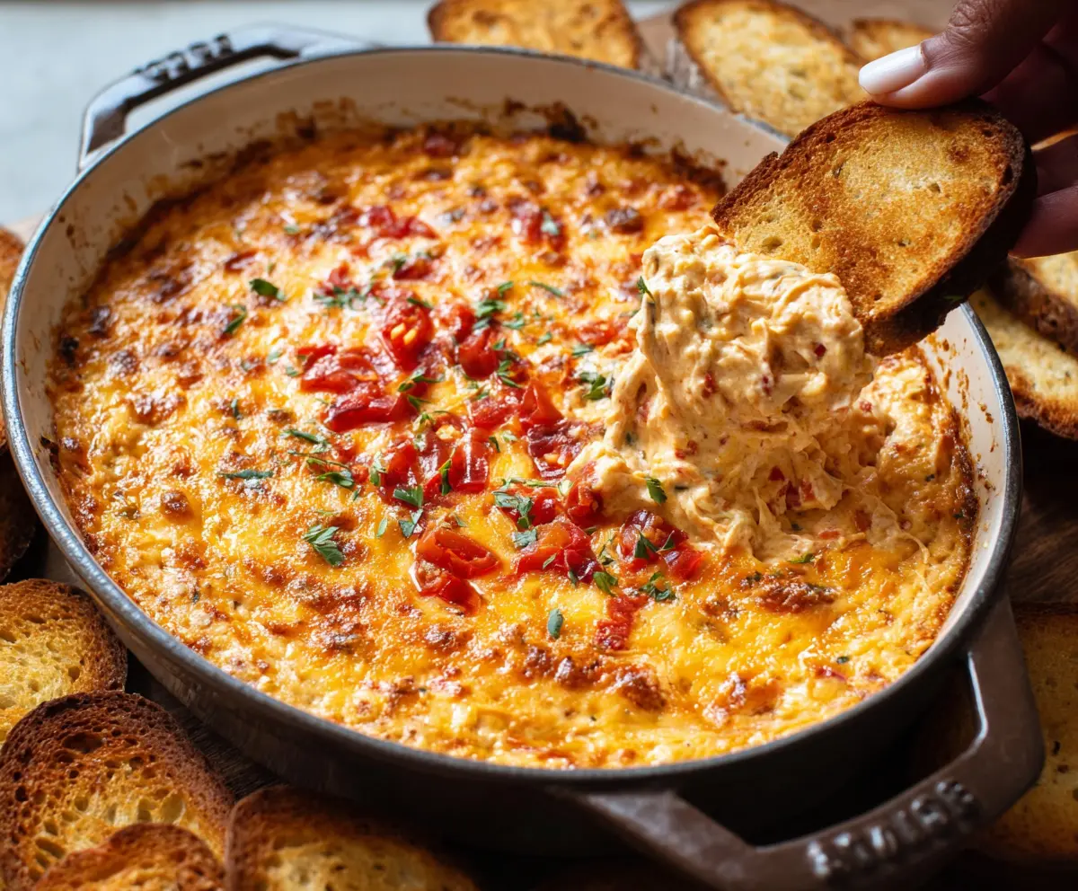 Creamy baked pimento cheese dip served with crackers on a rustic platter.