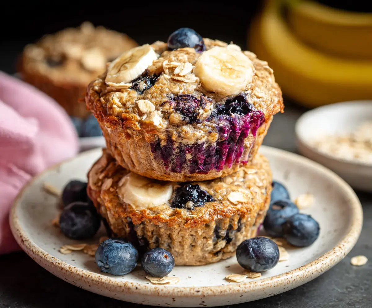 Healthy banana and blueberry oatmeal muffins topped with fresh blueberries and sliced bananas.