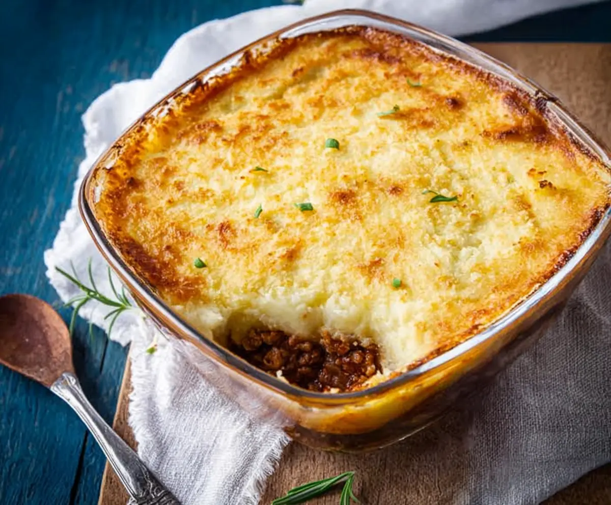 Homemade Beef Shepherd's Pie with mashed potato topping and beef filling, served on a rustic plate.