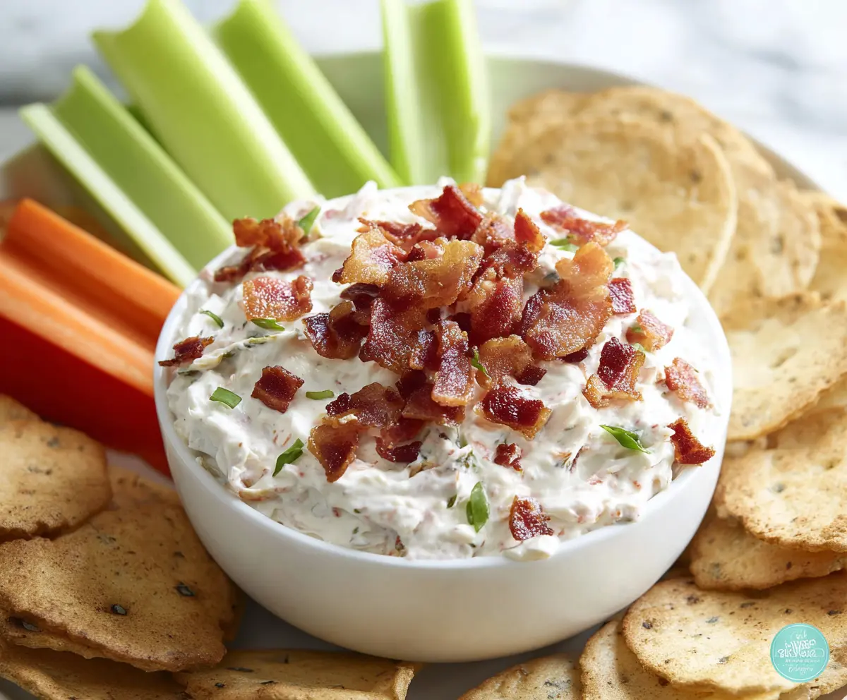 Delicious BLT dip featuring crispy bacon, fresh lettuce, tomatoes, and creamy cream cheese served as an appetizing appetizer.