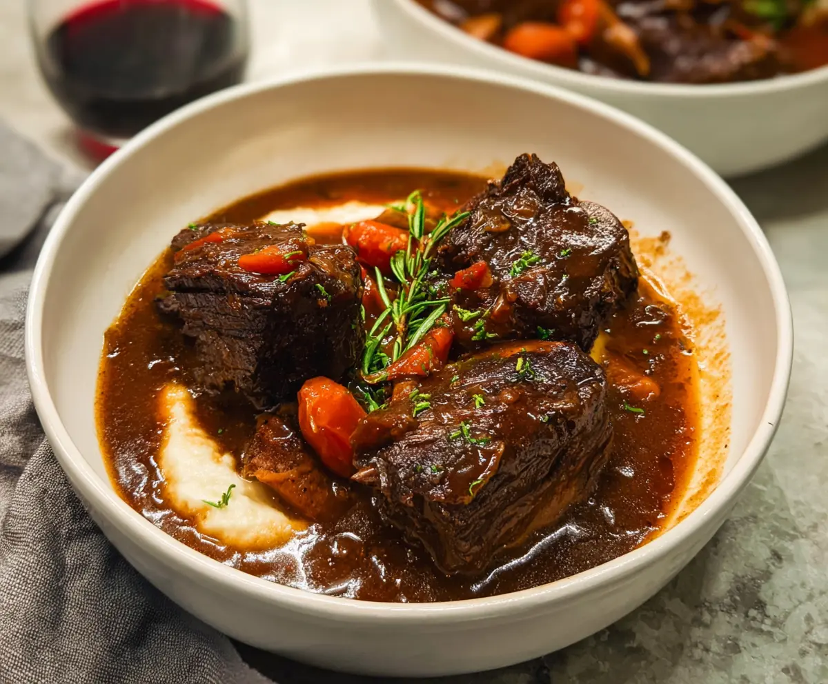 Juicy braised short ribs served with a rich gravy and fresh herbs.