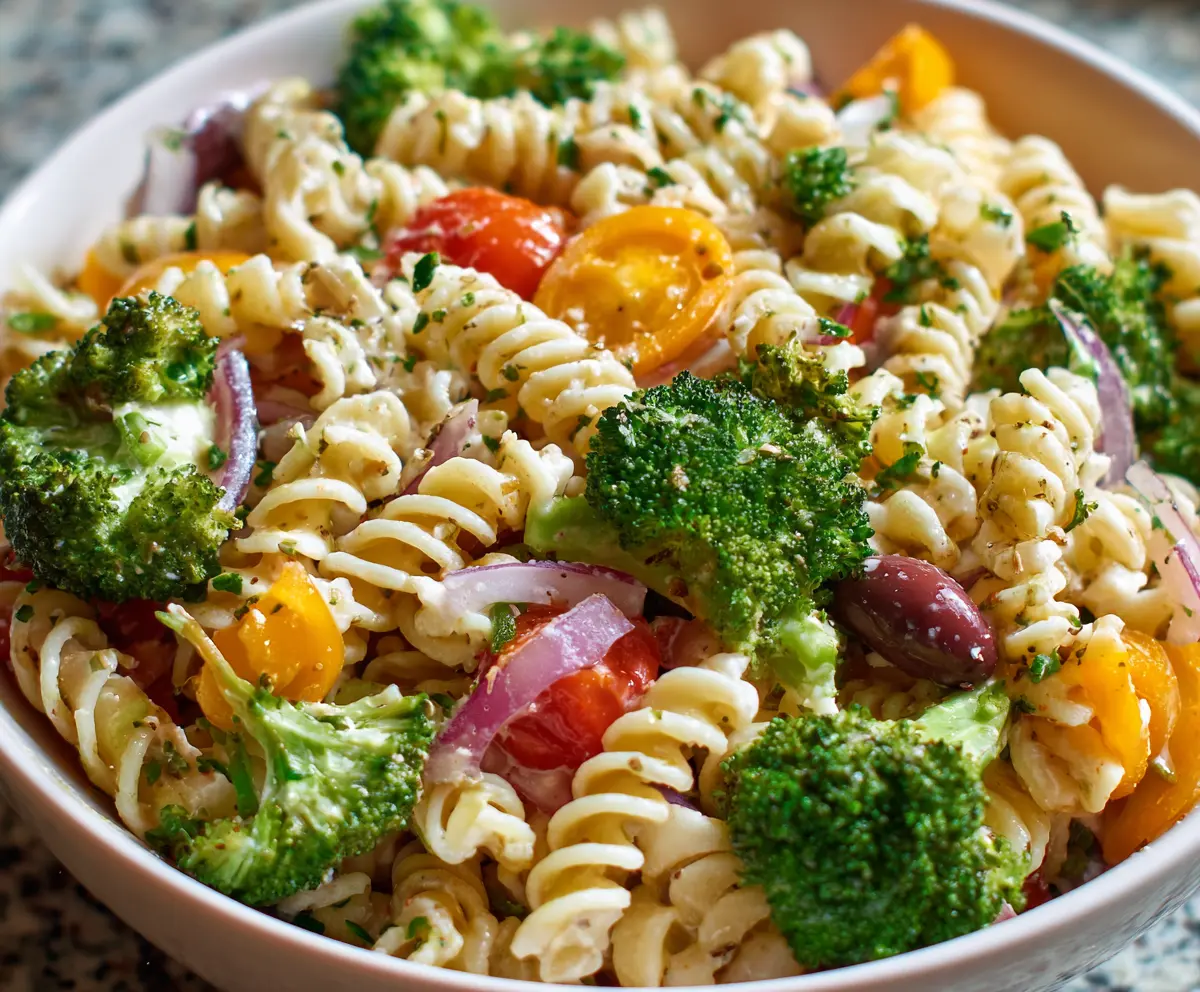 Colorful broccoli pasta salad with fresh vegetables and Italian seasonings served in a bowl.